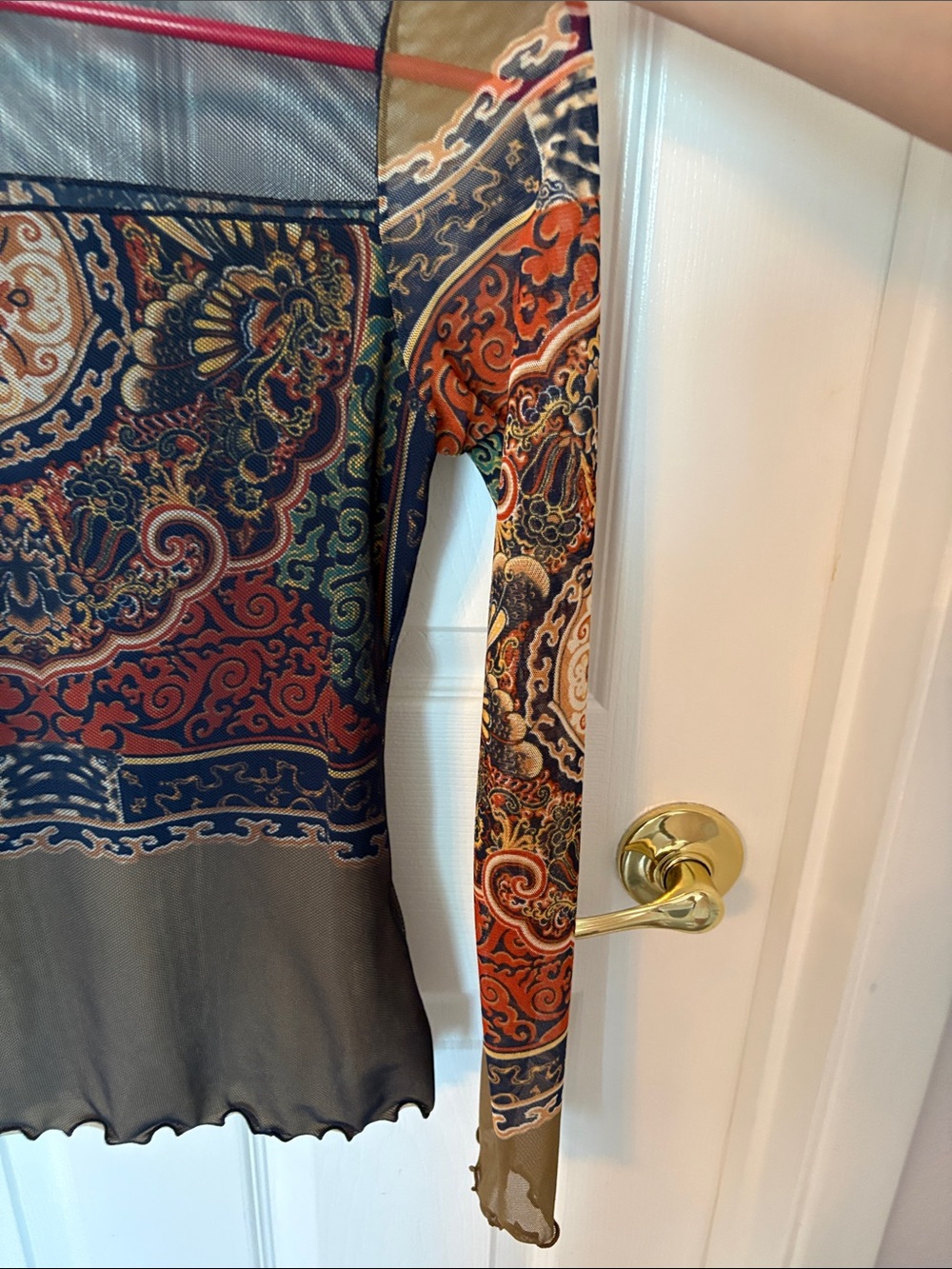 Sheer Paisley Medallion Long Sleeve Top - Olive Multi - Picture 4 of 5